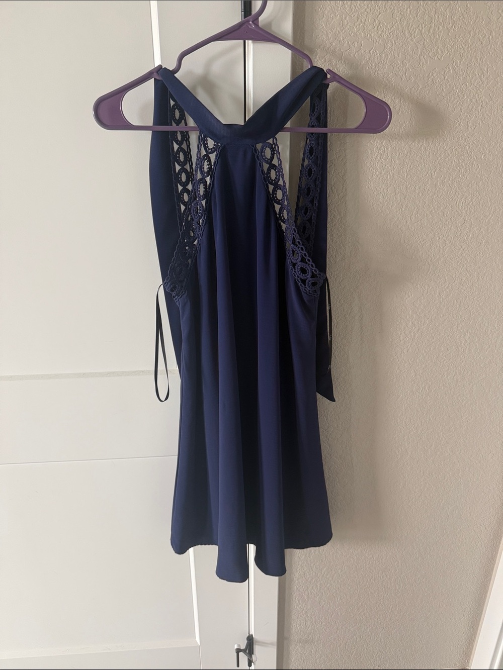 Navy Blue Crochet Lace Open Back Halter Mini Dress